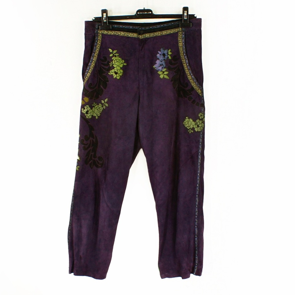 Vintage 70s Cavalli Leather Floral Applique Purple High Rise Suede Trouser Pants